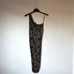 MICHAEL Michael Kors-One Shoulder Ruched Dress-Black & Nude Lace Print-Size M